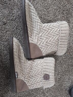 Muk Luks Cream Knit Cable Booties with Button Accent